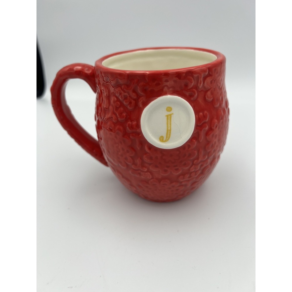 Mudpie Stoneware Red Flower Coffee Mug W/ Letter " J" Christmas EUC Eclectic